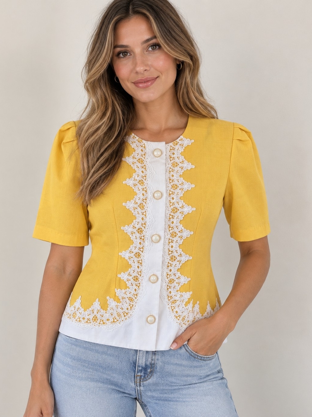 5/$25 Camilla Yellow Button-Front Top with White Lace Trim
